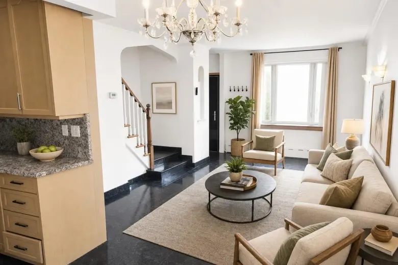 The same living room virtually staged in a warm modern style by Stylst