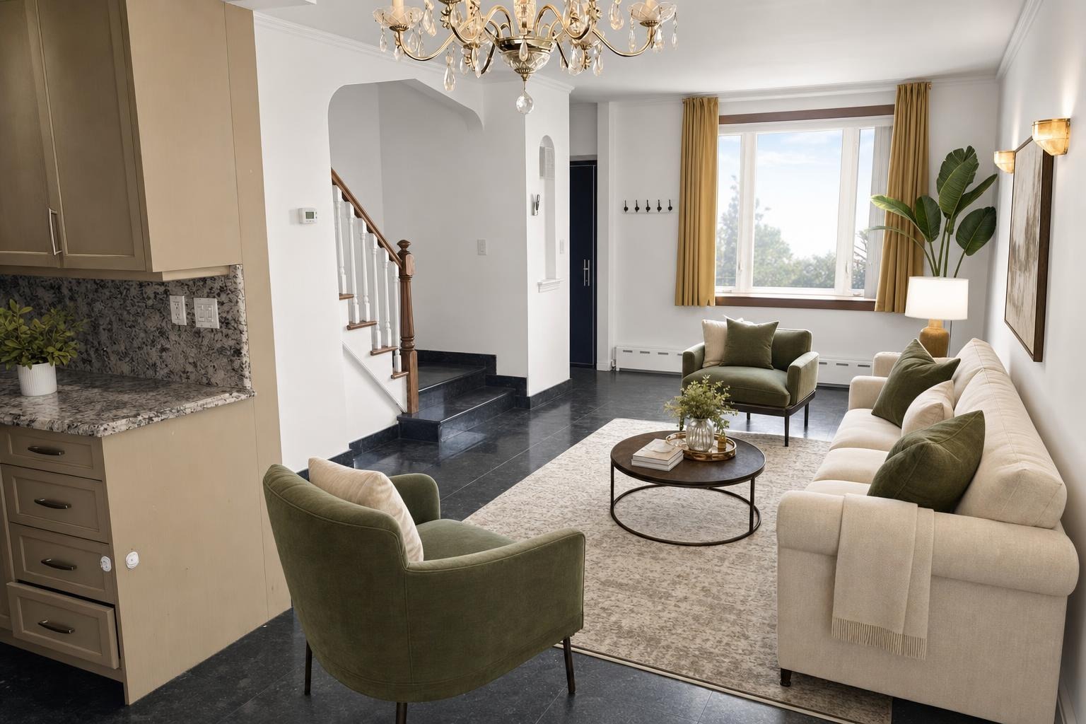 An empty living room virtually staged in a luxury style with a cream sofa, green velvet armchairs, a rug, a coffee table and a floor plant