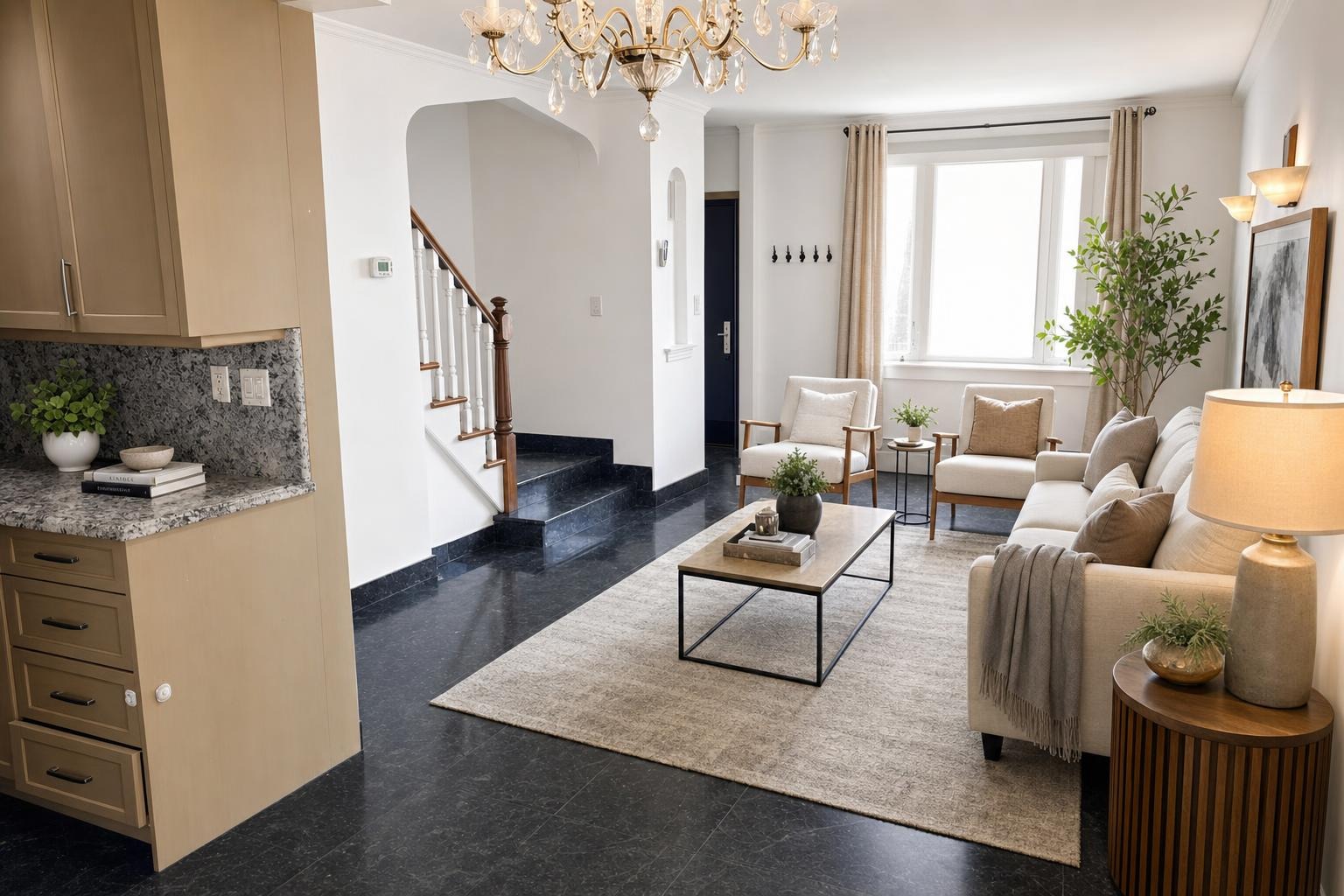 The same living room staged in Modern style — an earlier version from the same original