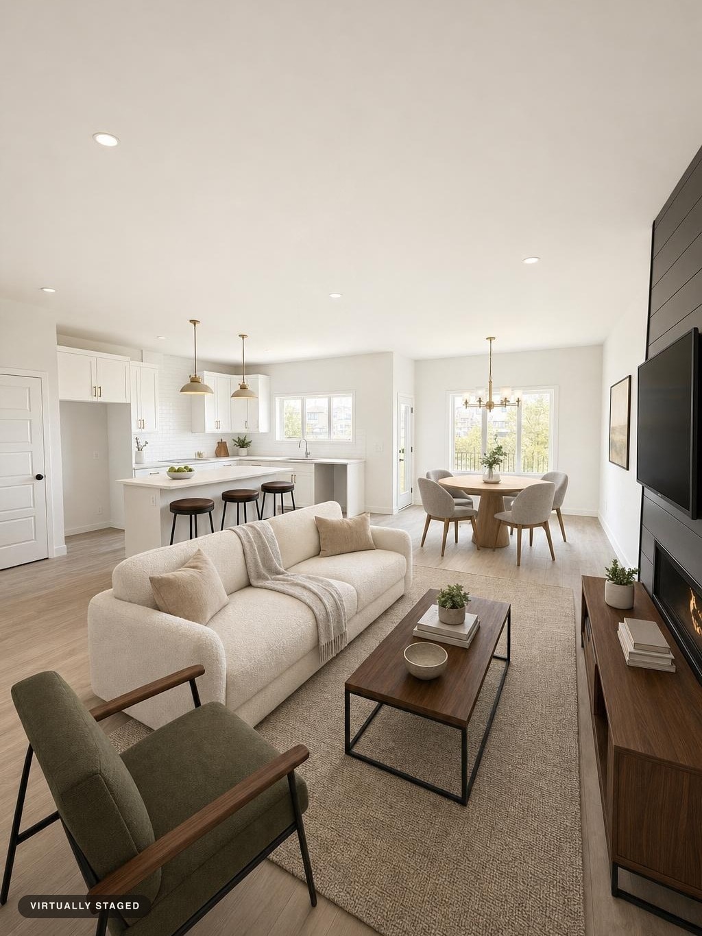 Modern living room with beige sofa, olive chair, wood and metal coffee table, and matching wood TV console, kitchen and dining area in background.