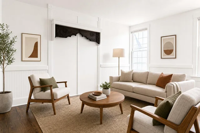 Living room with beige sofa, two wood-framed armchairs with cushions, round wooden coffee table, floor lamp, and framed wall art.
