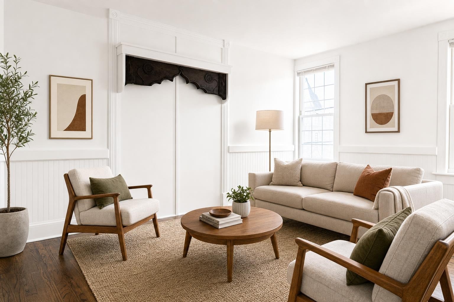 Living room with beige sofa, two wood-framed armchairs with cushions, round wooden coffee table, floor lamp, and framed wall art.