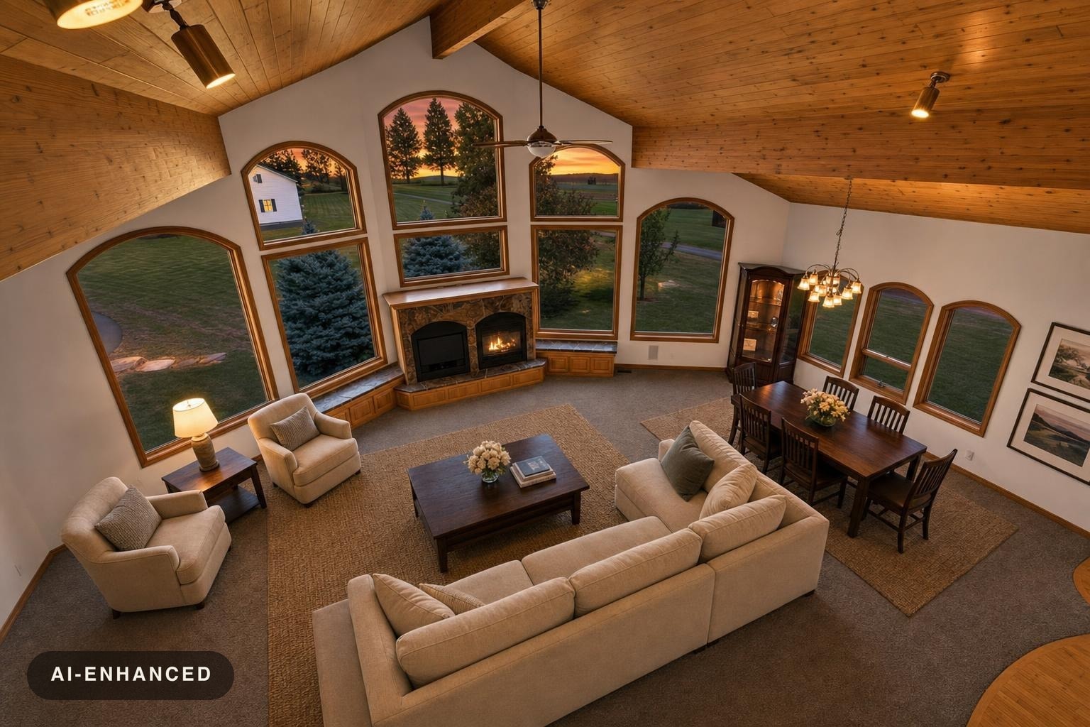 Living room with large arched windows overlooking greenery, wooden ceiling, fireplace, beige sofa and chairs, and dining table.