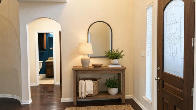 Entryway with a wooden console table topped with a lamp, decorative bowl, plant, and a basket with a throw beneath, next to a window and wooden front door.