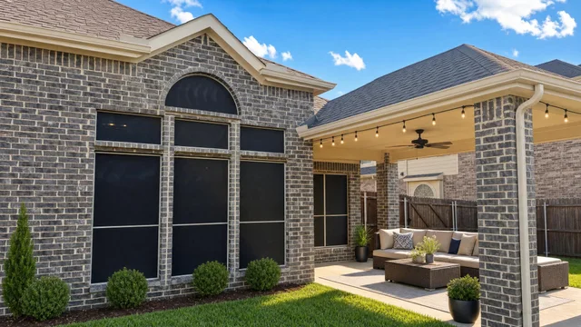 Exterior patio of a modern brick house with covered seating area including a sectional sofa, ottoman, ceiling fan, and string lights.