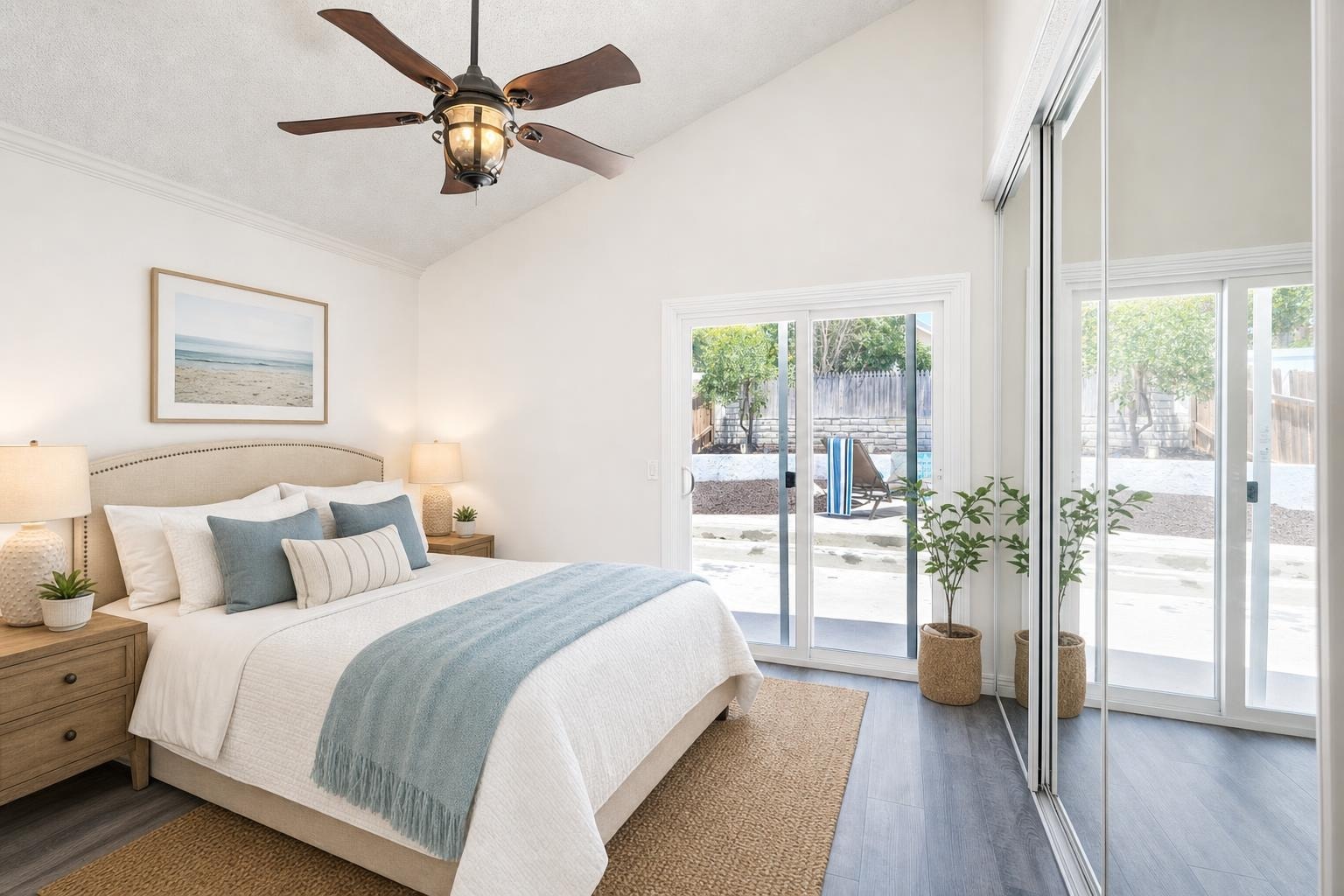 Bright bedroom with vaulted ceiling, beige upholstered bed, blue throw, wooden nightstands, and mirrored closet doors.