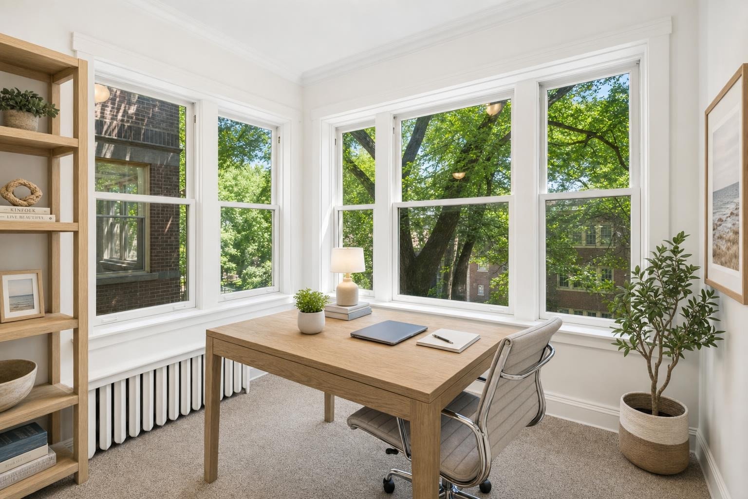 Bright modern office with large corner windows, light wood desk, gray office chair, wooden shelves, and a potted plant.