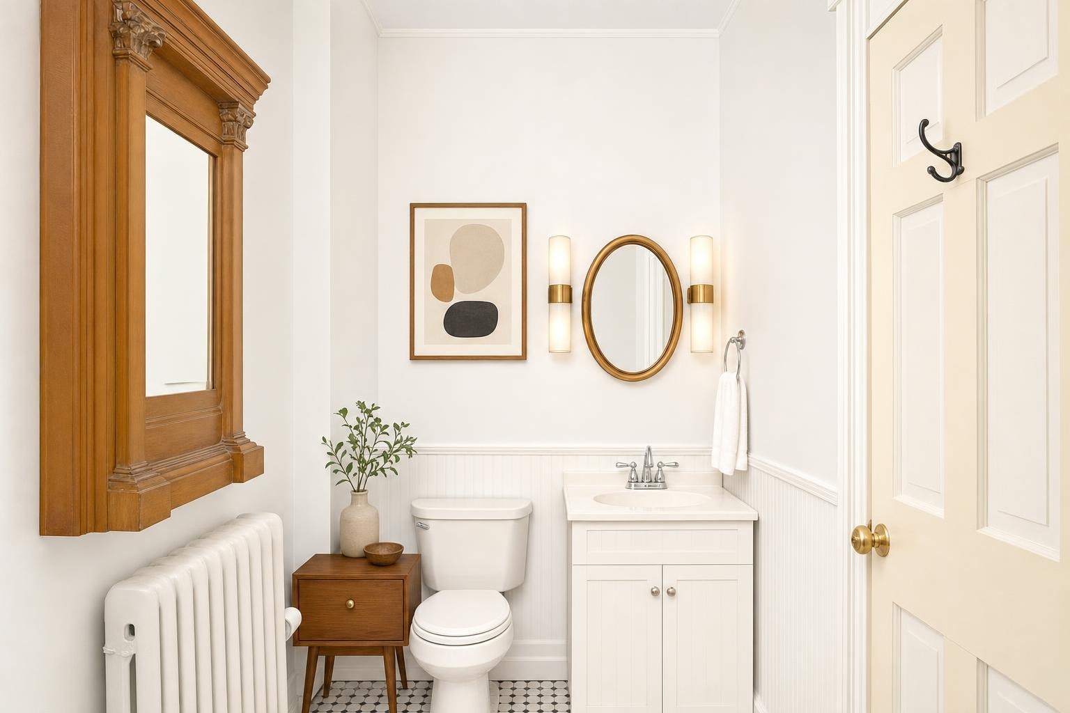 Bathroom with white toilet, wooden side table, oval mirror with wood frame, white vanity, wall sconces, and a wooden framed mirror cabinet.