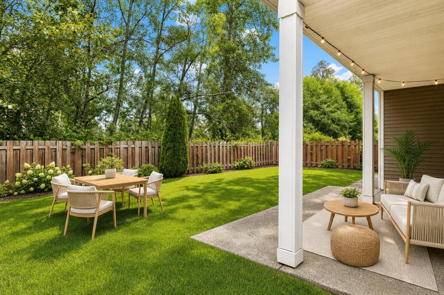 Backyard with wooden fence, green lawn, covered patio with sofa, coffee table, pouf, and a dining table with chairs.