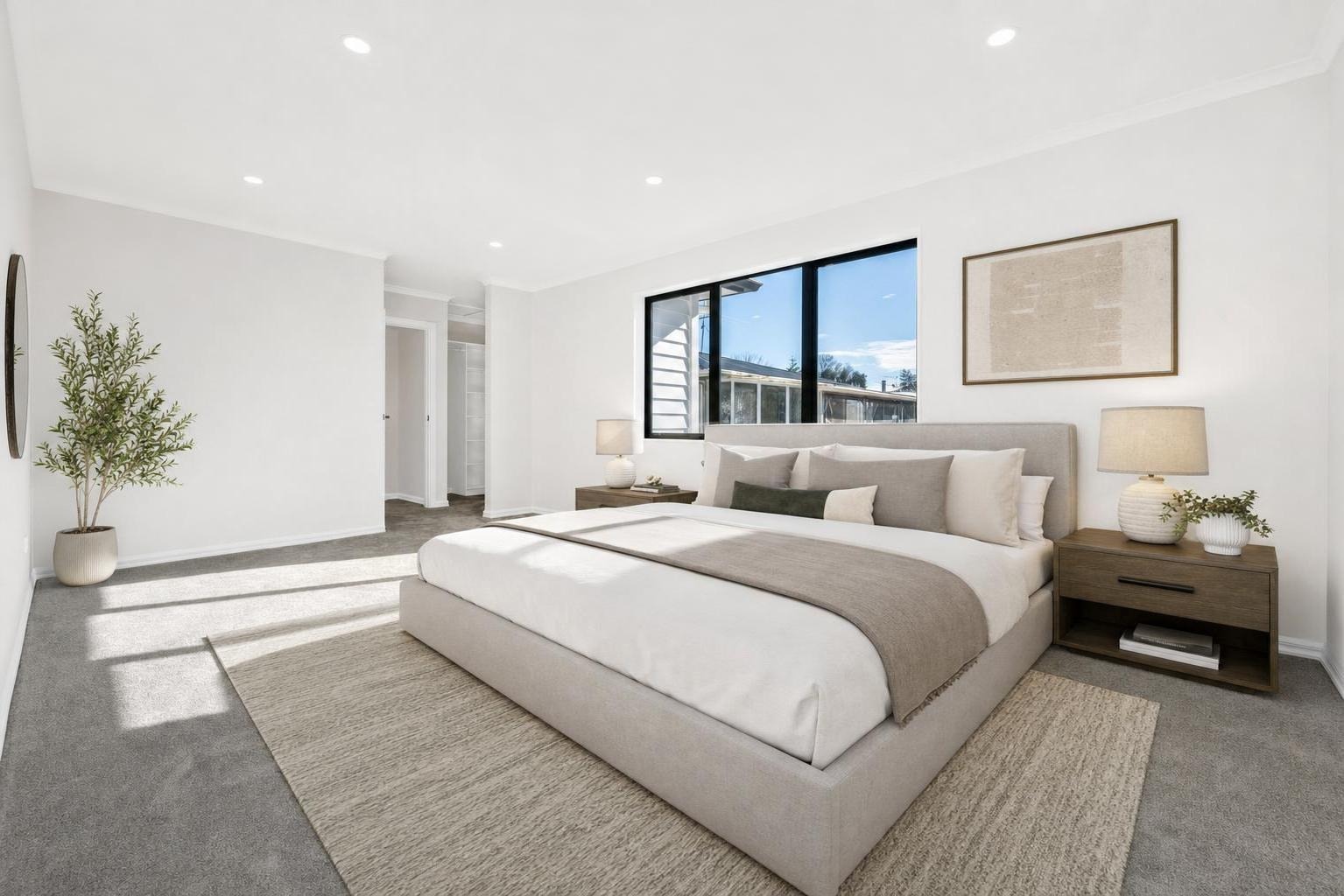 Modern bedroom with light gray upholstered bed, beige bedding, wood nightstands, table lamps, and a potted plant.