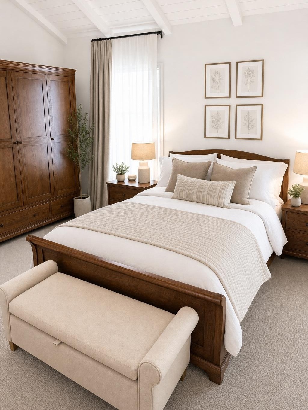 Bedroom with wooden bed, beige upholstered bench, wooden nightstands, wardrobe, neutral bedding, and framed botanical prints.