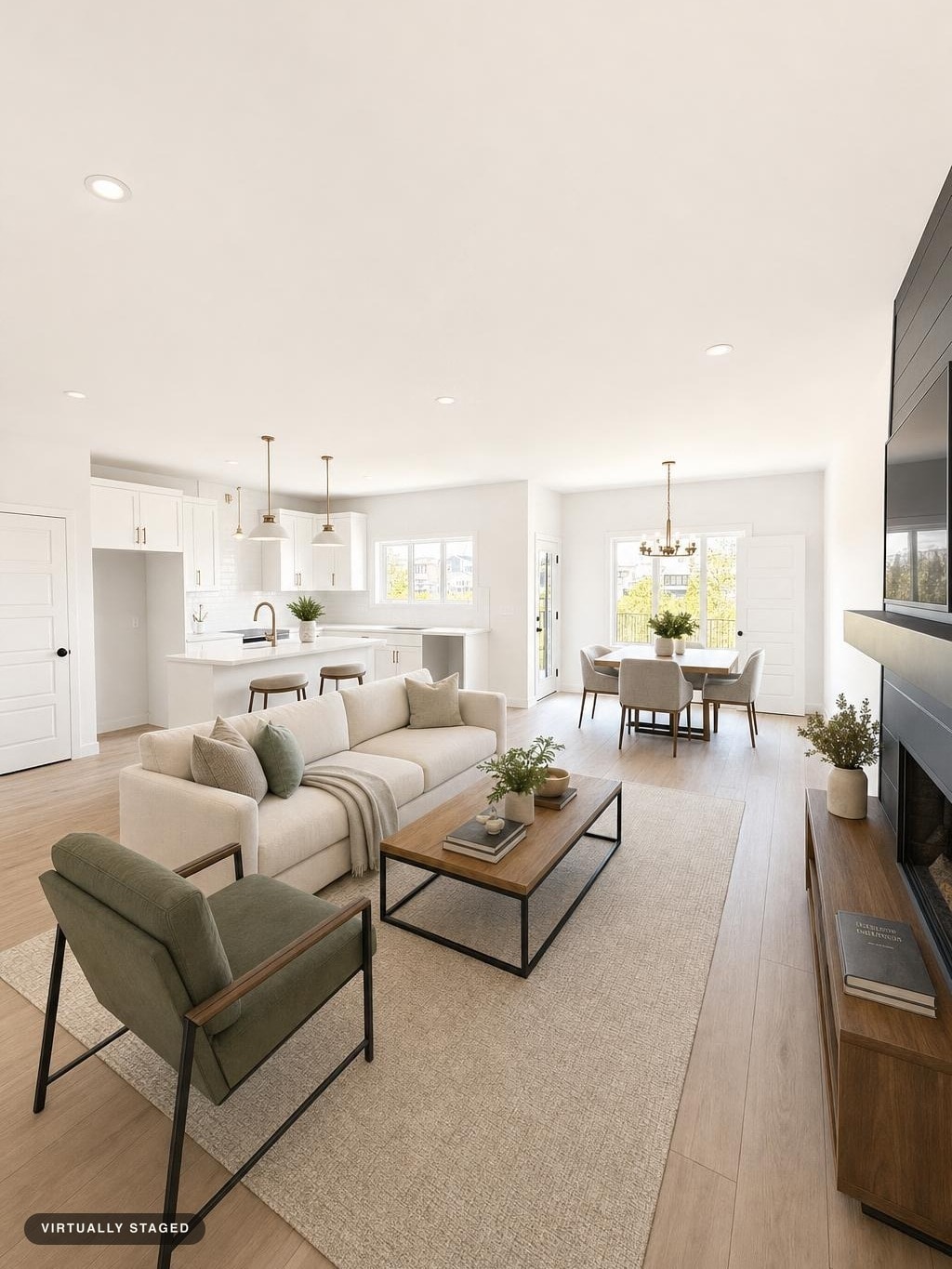 Modern living room with beige sofa, green armchair, wood coffee table, and light wood flooring under natural light.