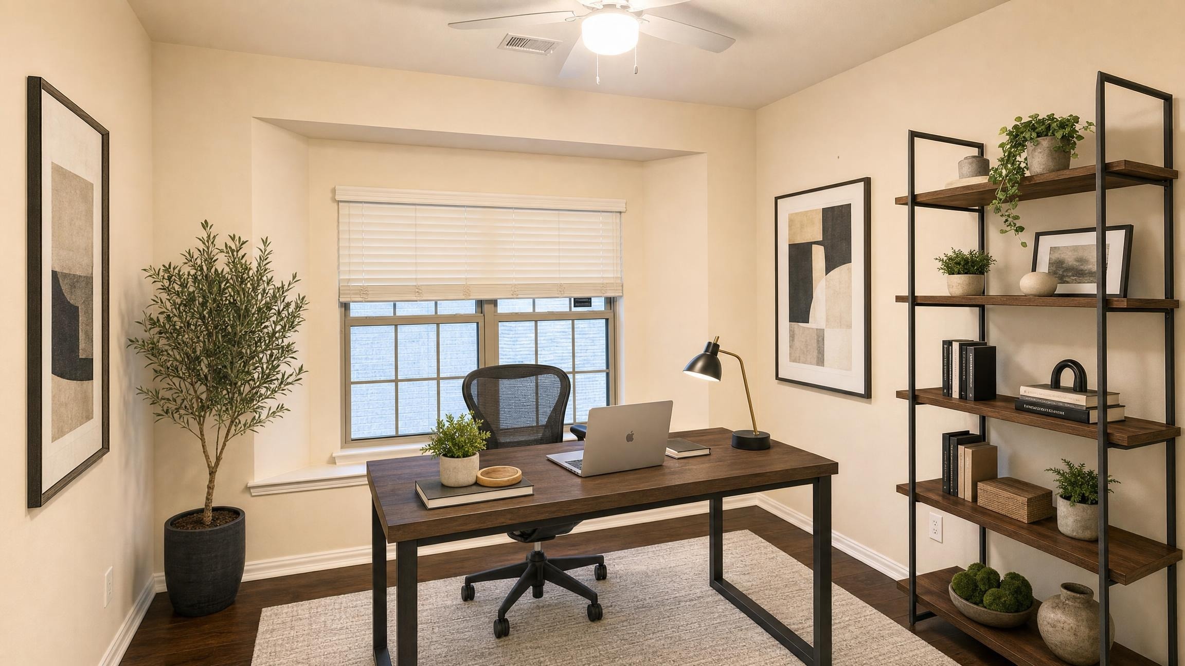 Modern home office with dark wood desk, black mesh chair, tall shelves with plants and books, and neutral color walls.
