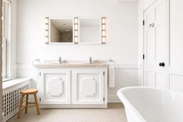 White bathroom with double sink vanity, two mirrors with vertical lights, freestanding tub, wooden stool, and white paneled walls.