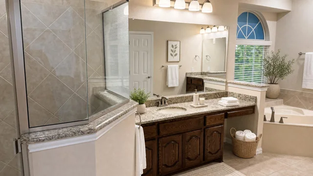 Luxury bathroom featuring granite counters, dark wood cabinets, a large mirror with multiple lights, and a bathtub next to a window with white blinds.