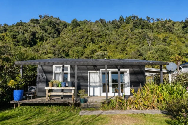 Black wooden house front yard with small porch, potted plants, and green hillside in the background.