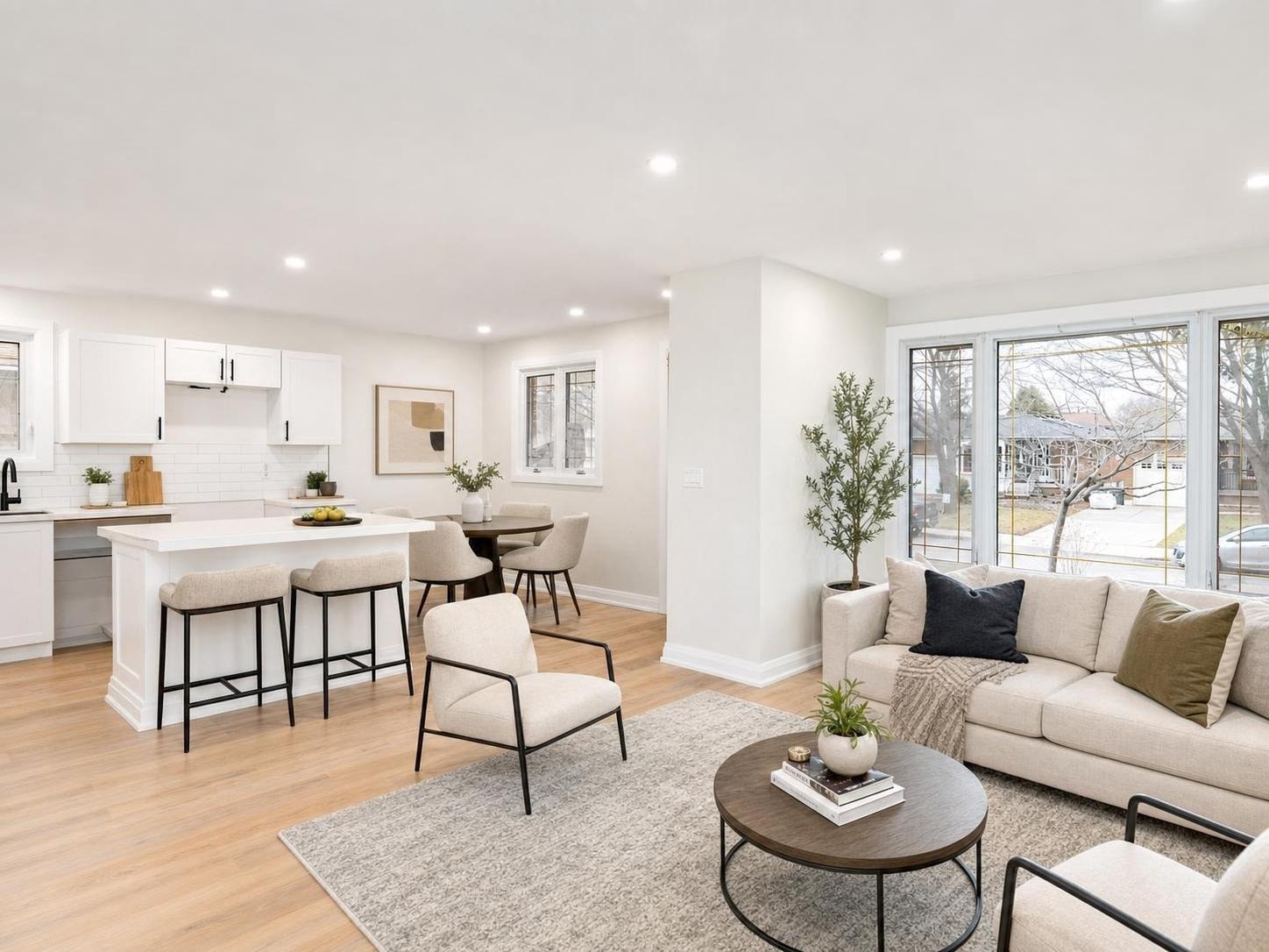 Modern living room with beige sofa and chairs, round dark wood coffee table, light wood floor, white kitchen and dining area.