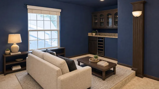 Living room with beige sofa, dark blue walls, wooden coffee and side tables, built-in bar, and window with blinds.