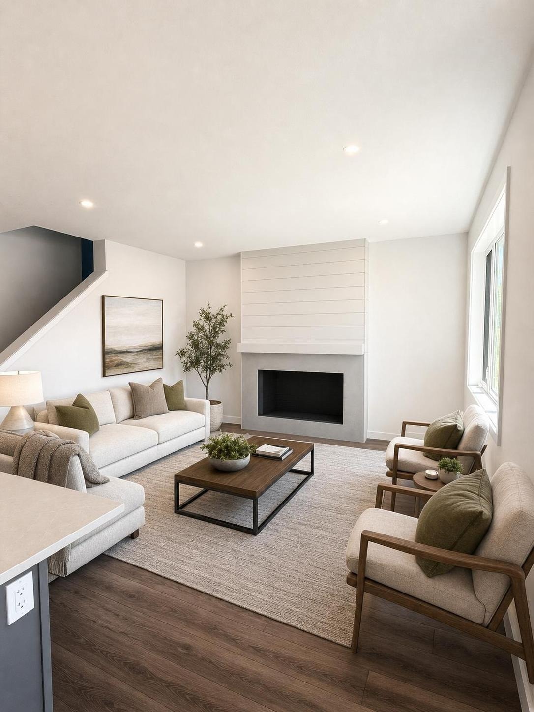 Modern living room with white sofa, wooden armchairs, coffee table, fireplace, and neutral rug on wooden floor.