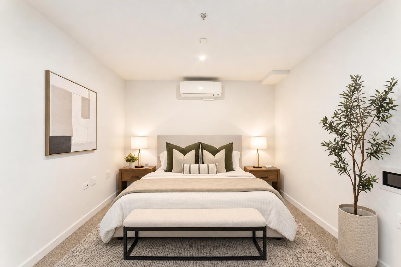 Modern bedroom with beige bed, green and beige pillows, wooden nightstands with lamps, a framed abstract artwork, and a potted plant.