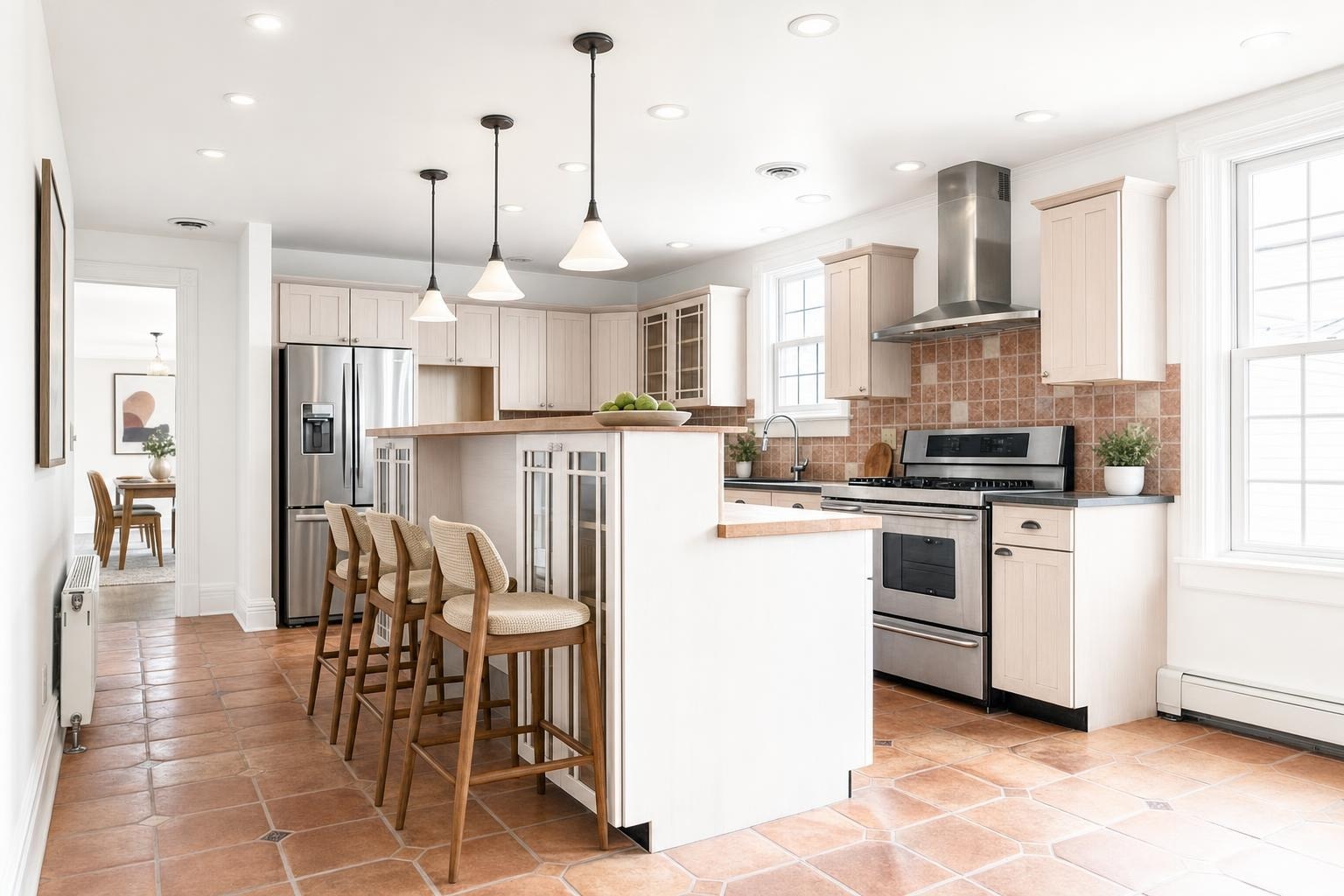 Bright kitchen with light wood cabinets, stainless steel appliances, wood-tone bar stools at center island, and terracotta floor tiles.