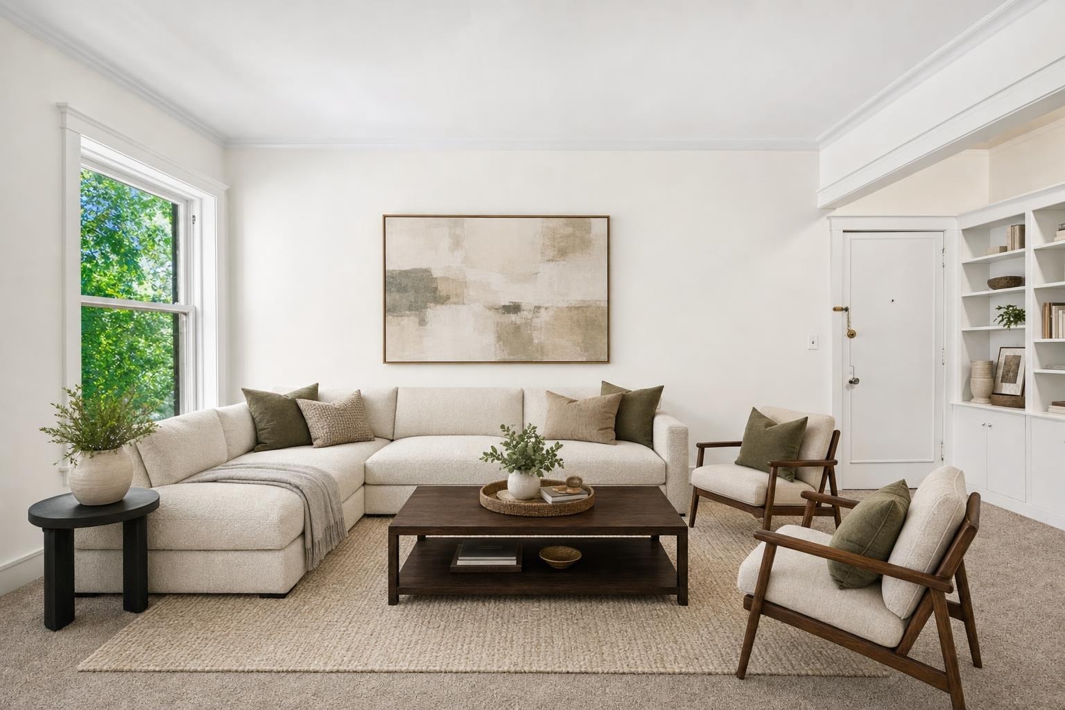 Modern living room with beige sectional sofa, two wooden armchairs with cushions, dark wood coffee table and small round black side table near window.