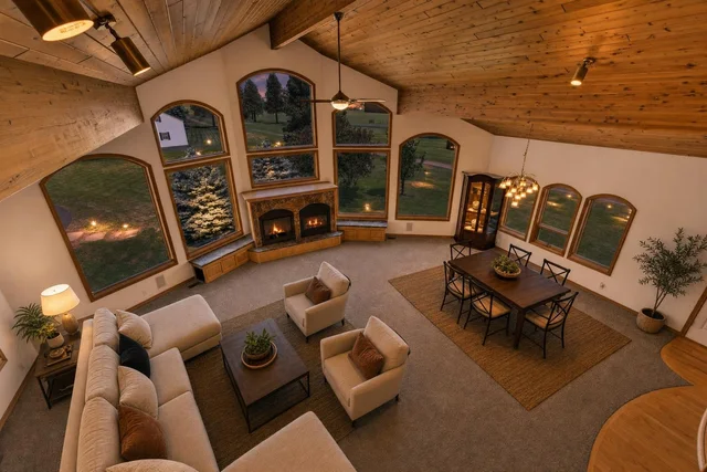 A living room with vaulted wooden ceiling, large arched windows, fireplace, beige sofas, armchairs, wooden dining table, and indoor plants.