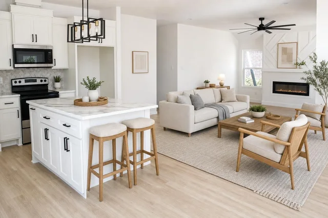 Bright Scandinavian style living room with beige sofa, two wooden armchairs, light wood furniture, and a white kitchen island with stools.