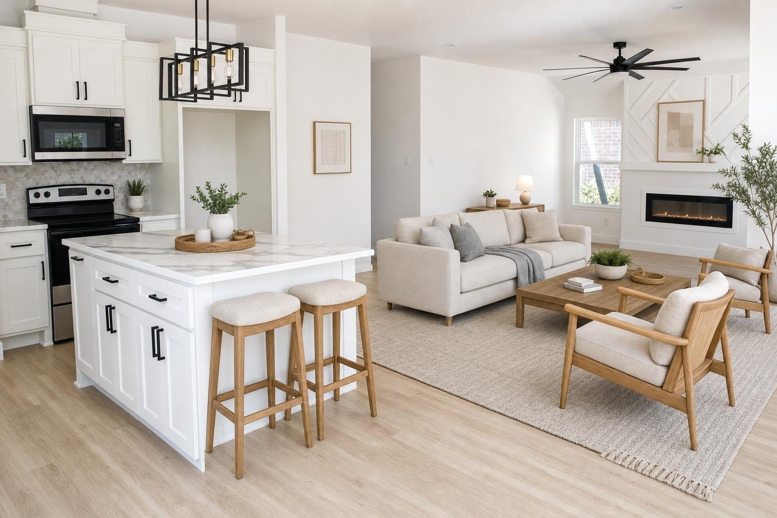 Bright Scandinavian style living room with beige sofa, two wooden armchairs, light wood furniture, and a white kitchen island with stools.