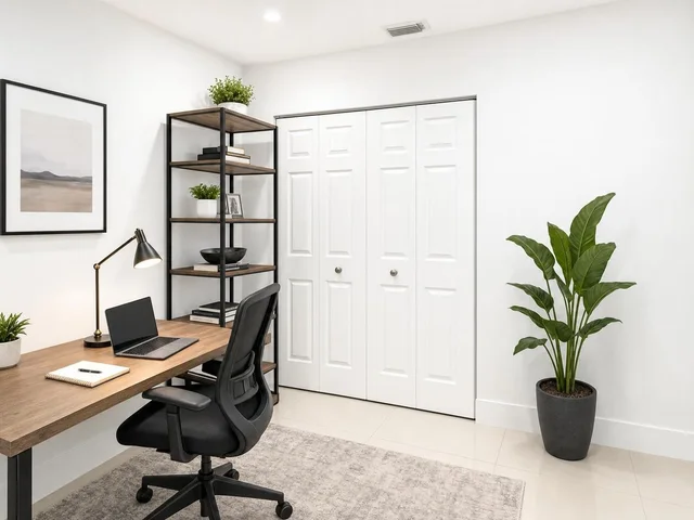Modern office with wood desk, black office chair, wood and metal shelving, potted plant, and white closet doors.