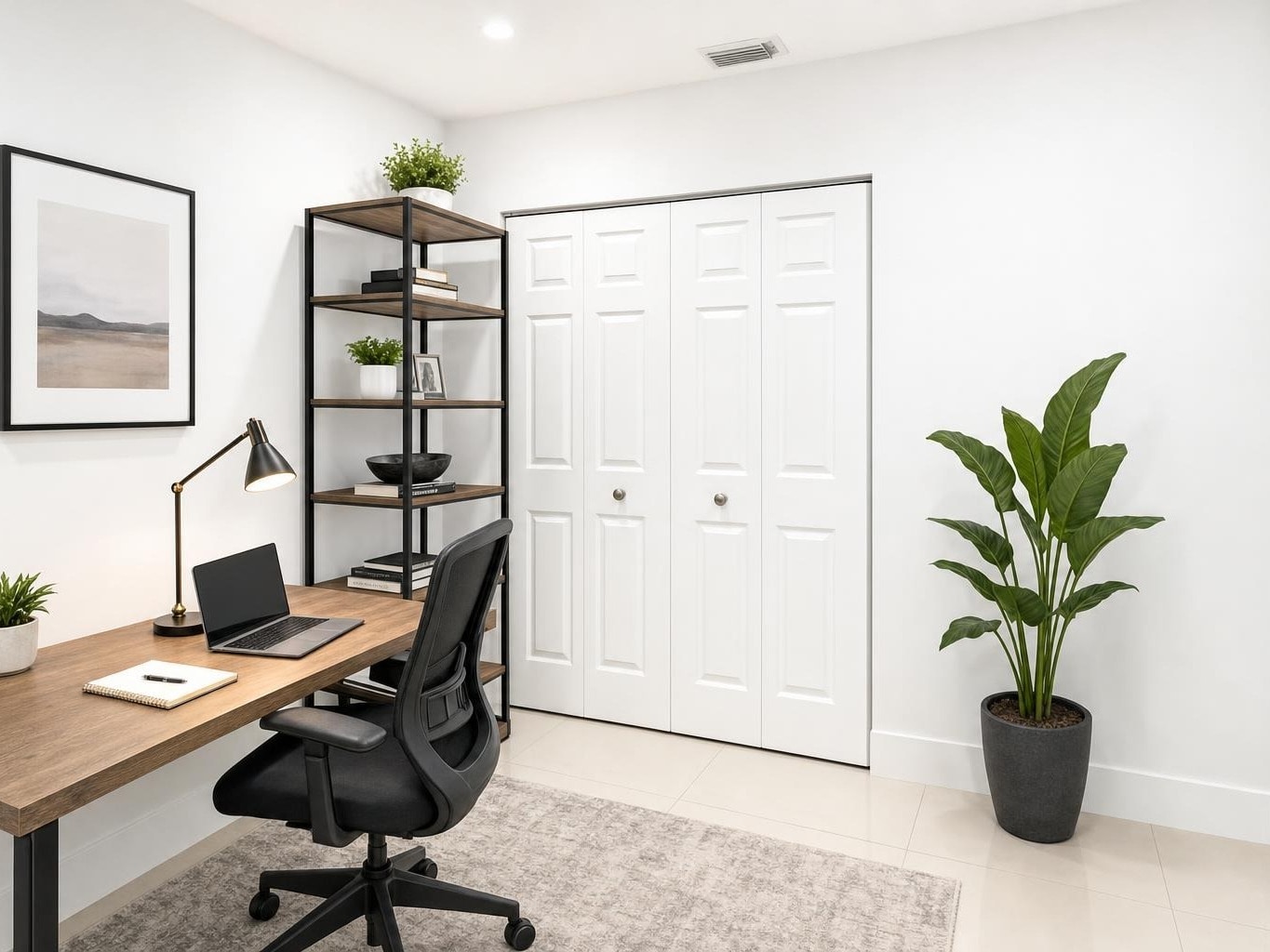 Modern office with wood desk, black office chair, wood and metal shelving, potted plant, and white closet doors.