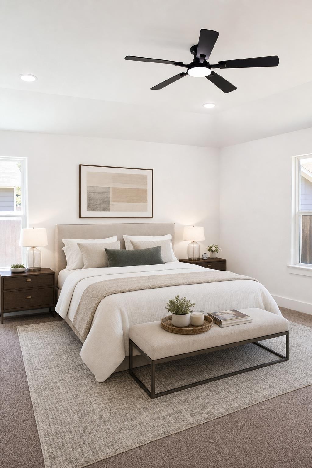 Modern bedroom with a beige upholstered bed, dark wood nightstands with lamps, and a minimalist bench on a textured rug.