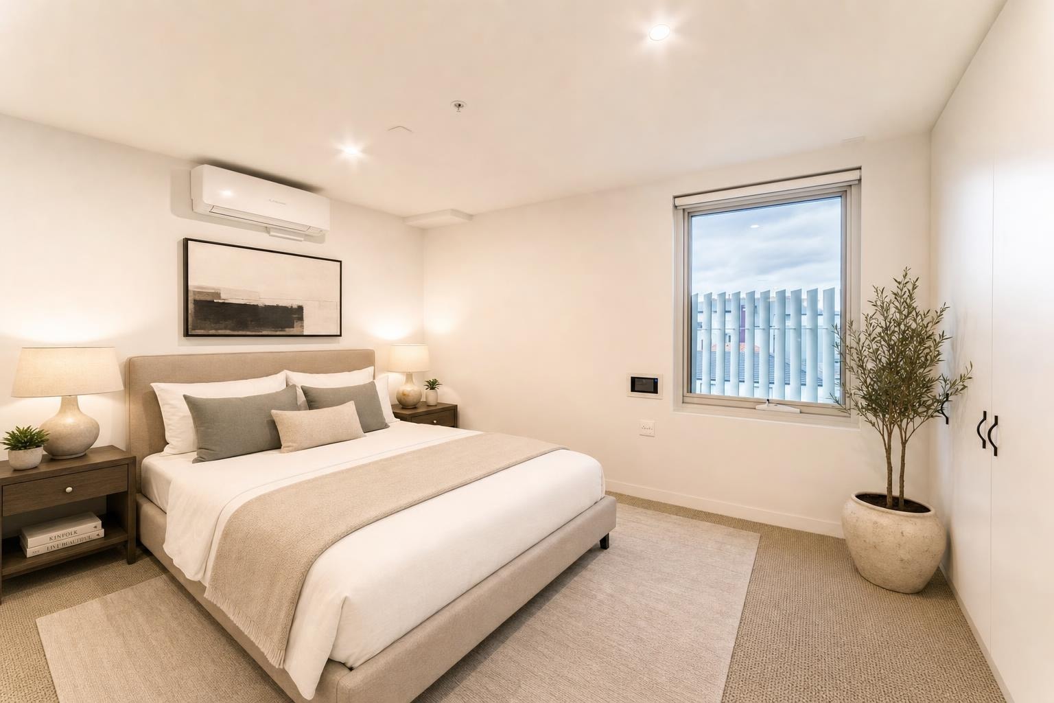 Modern bedroom with beige upholstered bed, two nightstands with lamps, a window, potted plant, and abstract art above the bed.