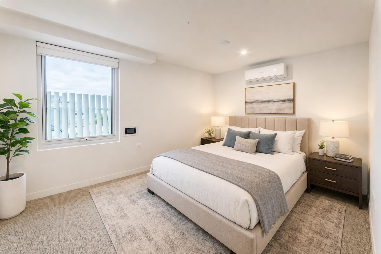 Modern bedroom with a beige upholstered bed, two dark wood nightstands with lamps, a large window, and a potted plant.