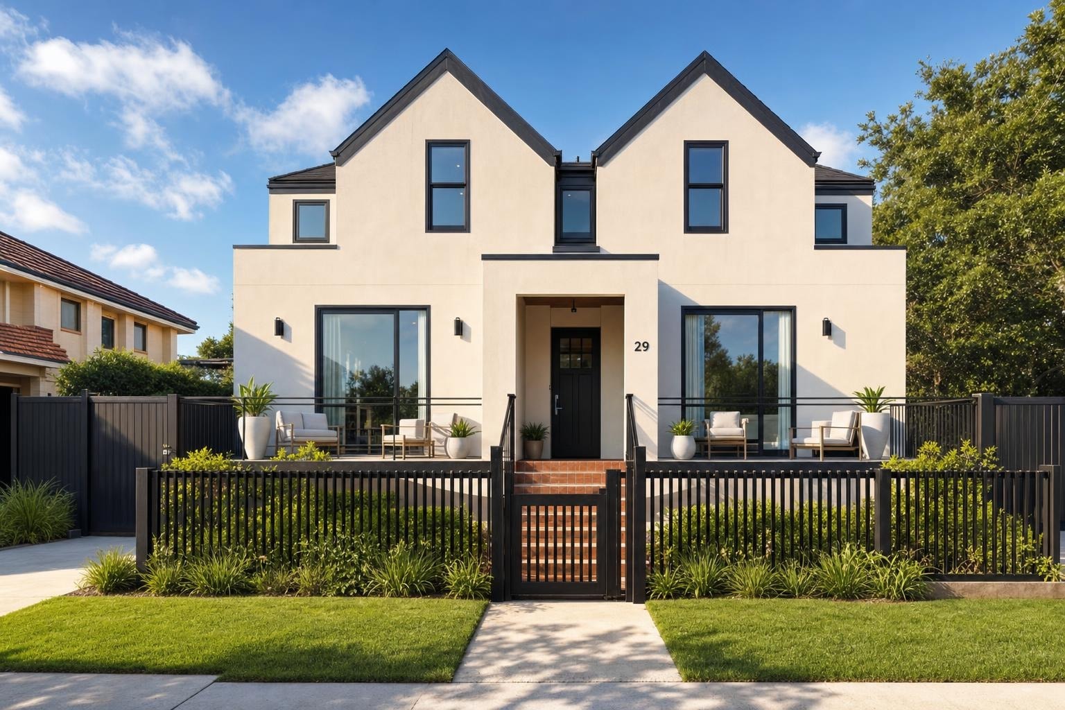Front view of a modern white two-story house with black trim, black metal fence, green lawn, and outdoor seating on both sides of the entrance.