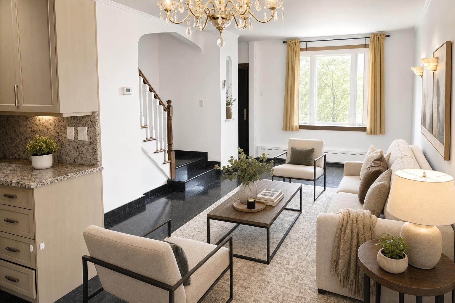 Modern living room with beige sofa, two metal-framed armchairs, rectangular wooden coffee table, and light fixture.