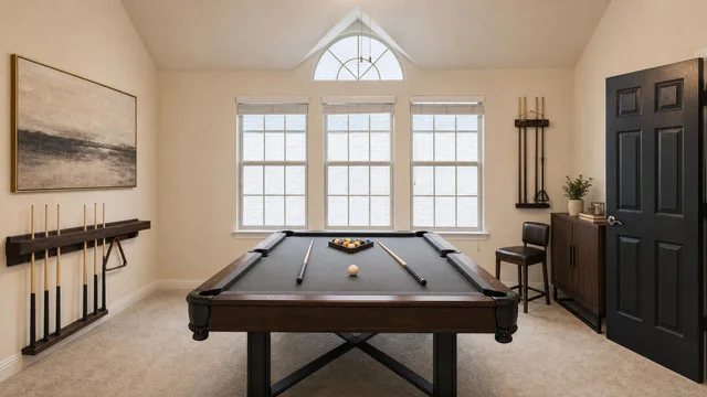 Modern living room with a dark wood pool table under three large windows and minimalist decor including a painting, chair, cabinet, and cue rack.