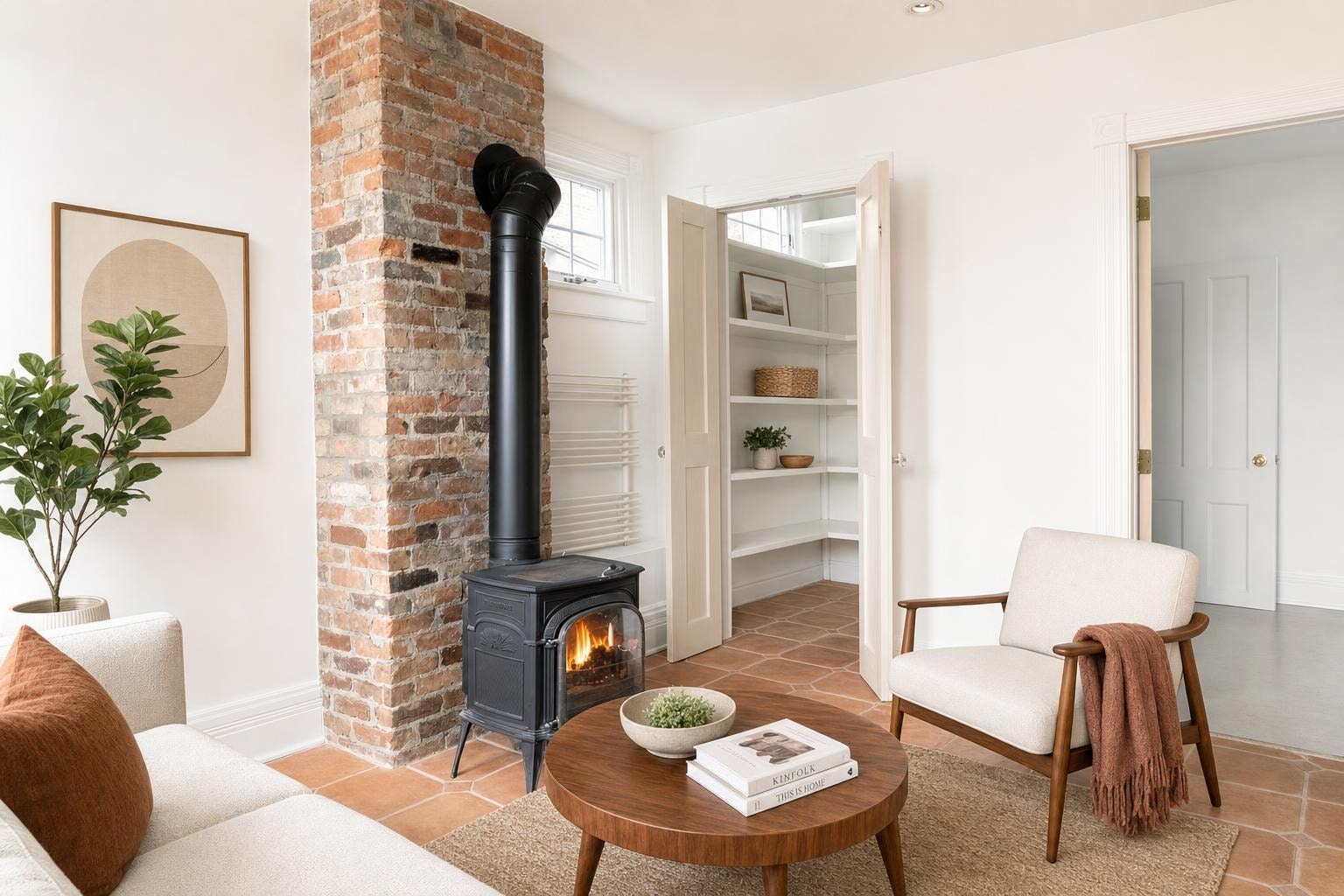 Living room with exposed brick chimney and black wood stove, white sofa with brown cushion, round wooden coffee table, and midcentury armchair.