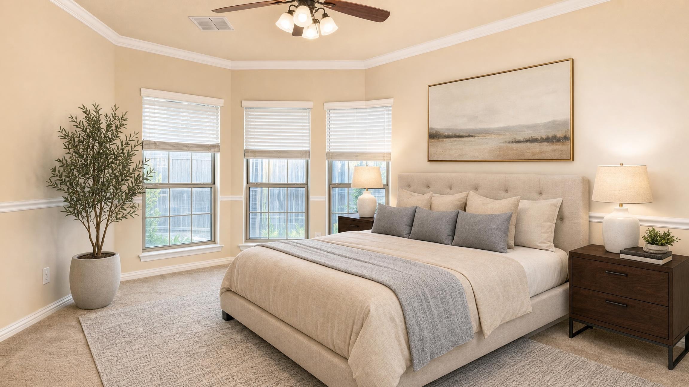 Luxury bedroom with beige tufted bed, gray and beige bedding, two dark wood nightstands with lamps, potted plant, and three windows with blinds.