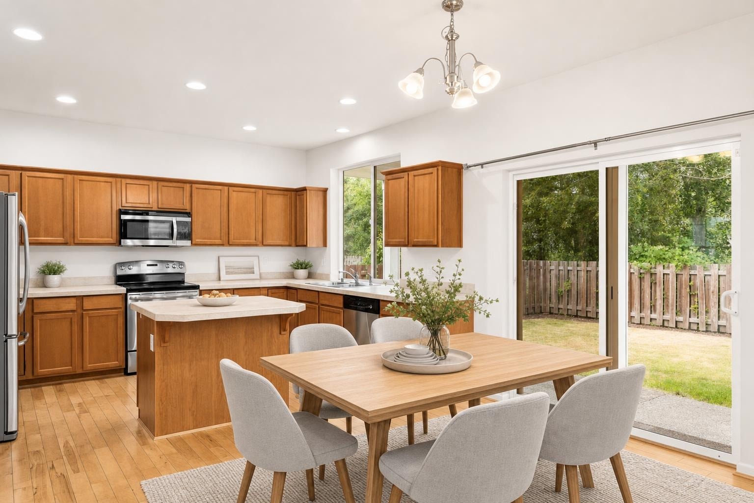 Kitchen and dining area with wooden cabinets and island, light wood table, four gray upholstered chairs, and large sliding glass door.