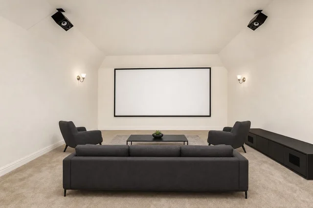 Modern living room with dark gray sofa, two armchairs, black coffee table, wall-mounted screen, and beige carpet.