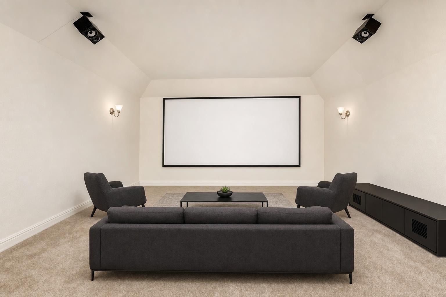 Modern living room with dark gray sofa, two armchairs, black coffee table, wall-mounted screen, and beige carpet.