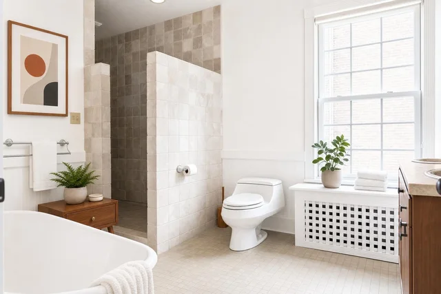 Modern bathroom with tiled walk-in shower, white toilet, wooden vanity, potted plants, and framed abstract art.