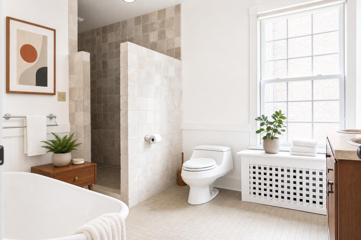Modern bathroom with tiled walk-in shower, white toilet, wooden vanity, potted plants, and framed abstract art.