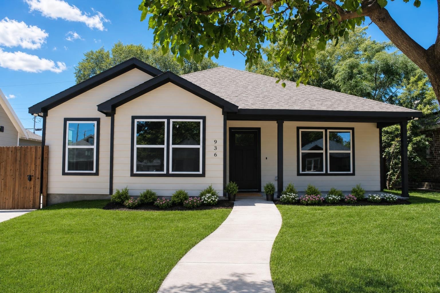 Modern single-story beige house with black trim, three front windows, black door, and a winding concrete sidewalk through green grass.