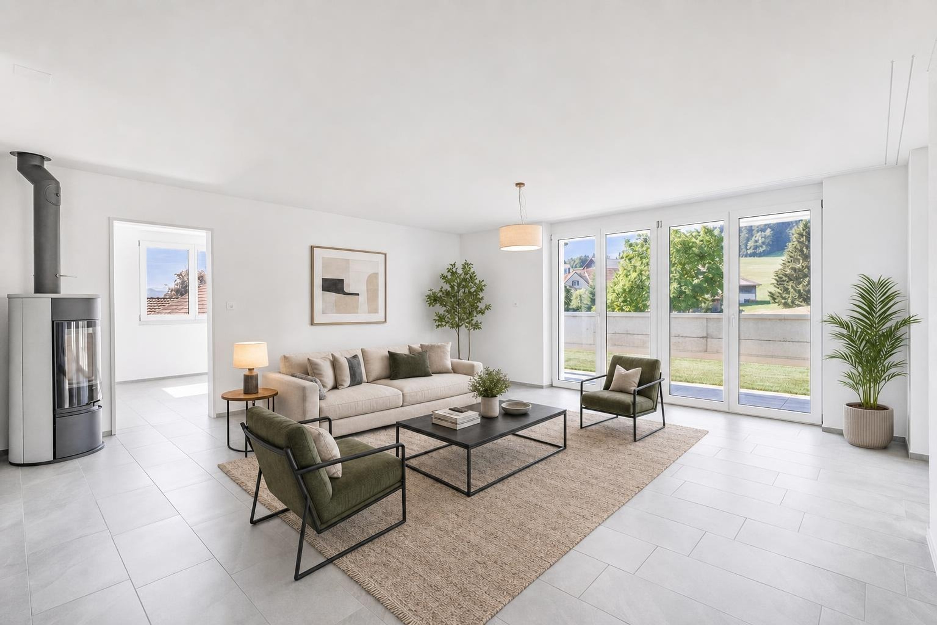 Modern living room with beige sofa, two olive green armchairs, black coffee table on beige rug, large windows, and gray tiled floor.