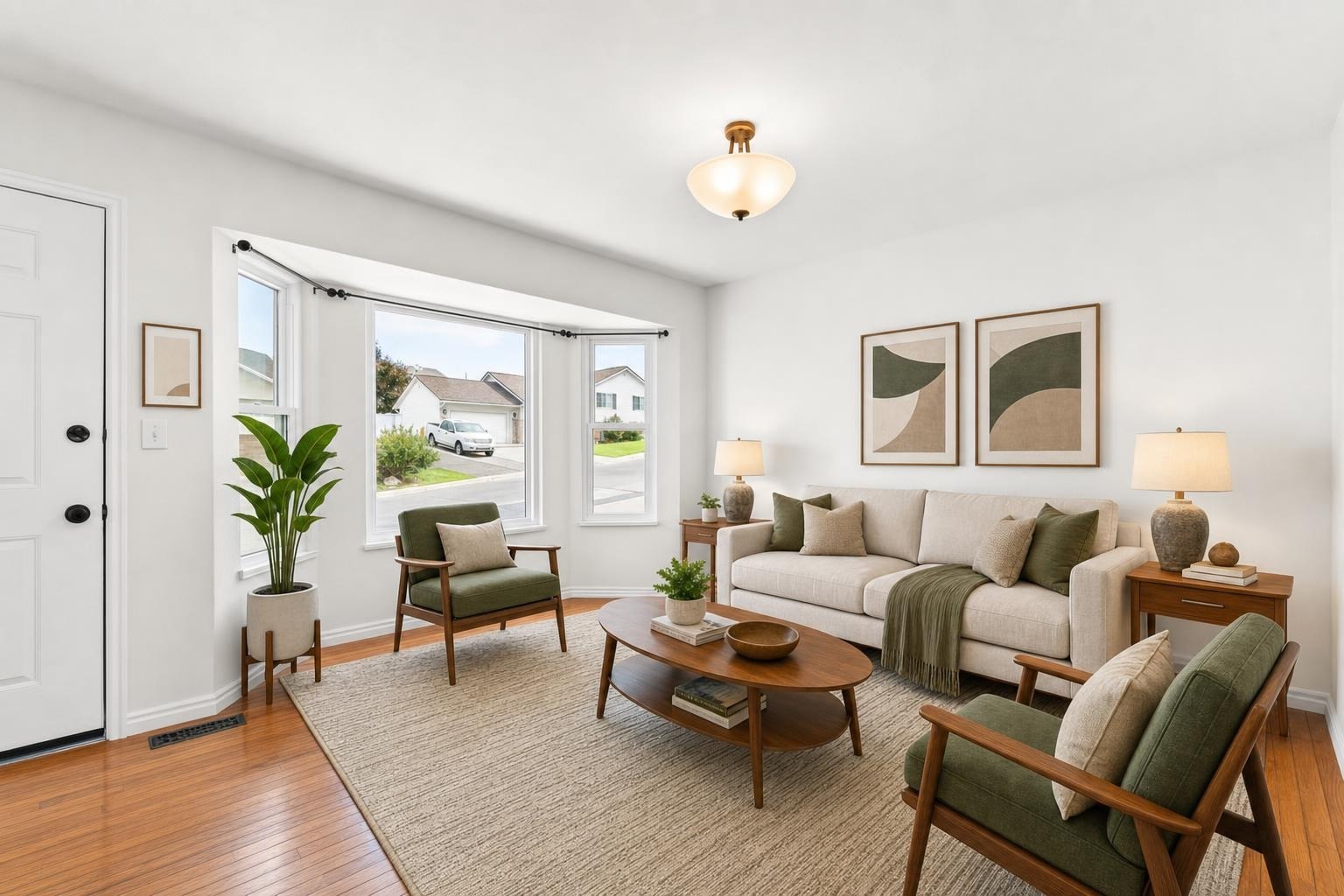 Midcentury living room with beige sofa, green armchairs, wooden coffee table, side tables, and abstract wall art near bay windows.