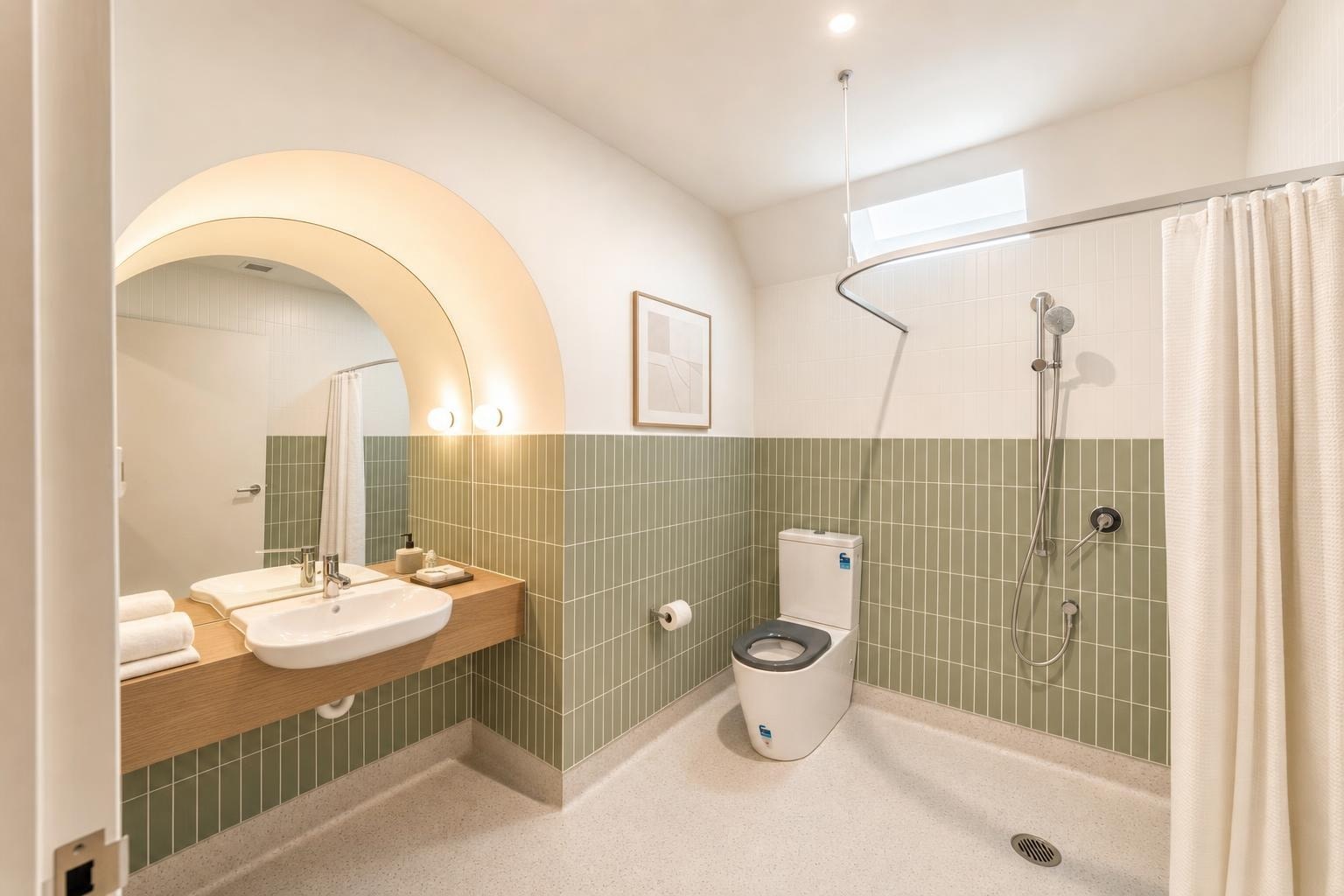 modern bathroom with olive green tiles, floating wooden sink vanity, round backlit mirror, toilet, and walk-in shower with curtain