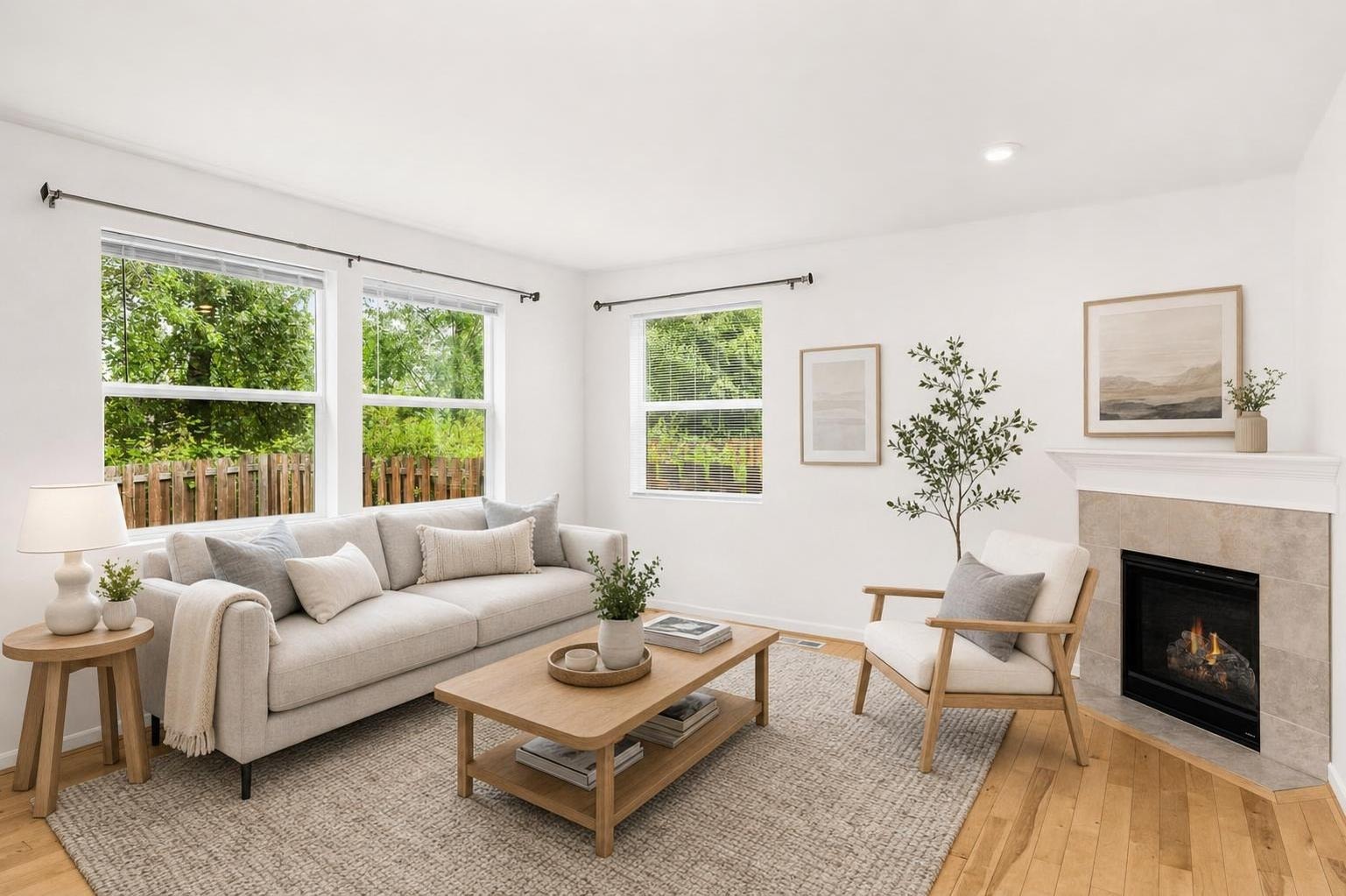 Living room with large windows, a light gray sofa, wooden coffee table, armchair, side table, and fireplace.