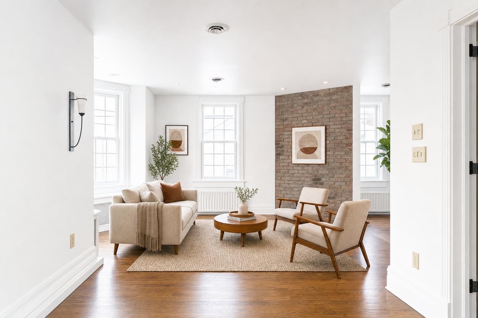 Bright living room with beige sofa, wooden lounge chairs, round wood coffee table, jute rug, and brick accent wall.